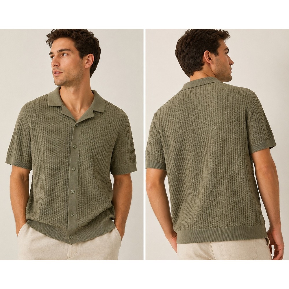 Common People Men's Large Textured Knit Shirt Olive Green Button Front 100% Cott